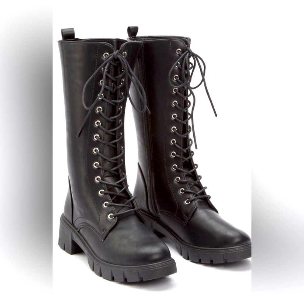 Black Lug Sole Lace Up Knee High Boots